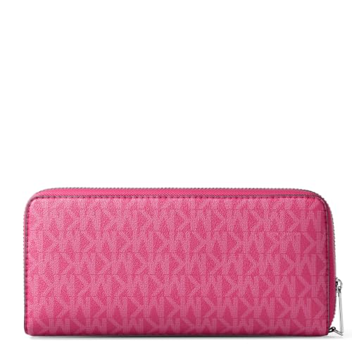 Image of Michael Kors Women's Jet Set Travel Continental, Silver-Tone Hardware /MK Signature Semi Lux Black, Raspberry