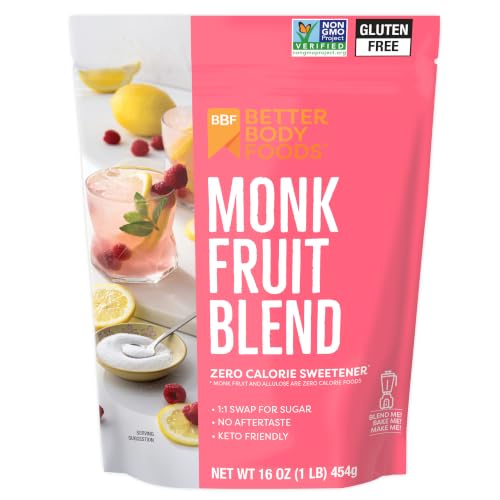 BetterBody Foods Monk Fruit Allulose Sweetener Blend, Raw Cane Sugar Substitute, Zero Calorie, Keto Diet Friendly, Zero Net Carbs, Zero Glycemic, Baking, Extract, Sugar Replacement, 1lb, 16 oz