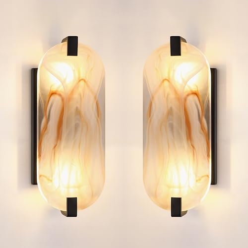 Image of 12.7 inch Art Red Oval Glass Bathroom Modern Wall Sconce Fixture for Bedroom Hallway Bedside 2 Pack 2 Light Black Wall Sconce