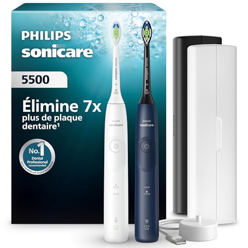 Philips Sonicare 5500 - Brosse à dents électrique sonique avec 2 modes, Alerte de pression, EasyStart, SmarTimer et BrushPacer, Blanc et Bleu marine, Pack de...