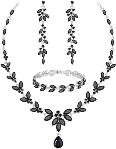 Paxuan Wedding Jewelry Sets for Bride Bridesmaid Bridal Jewelry Set for Women Wedding Crystal Necklace Earrings Bracelet Set for Party Prom Jewelry (Black - Silver)