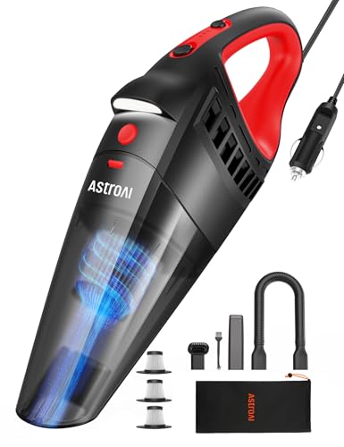 AstroAI Car Vacuum Cleaner, Portable Handheld Vacuum and Car Accessories, 16.4 Ft Cord-12V DC Power, LED Light, w/3 Attachments，Auto Accessories Kit for Interior Detailing for Quick Cleaning (Red)