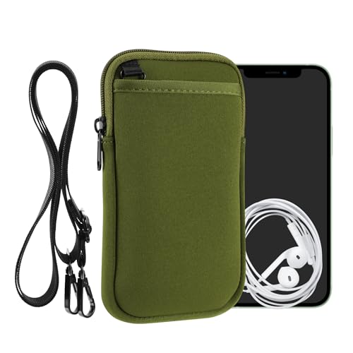 kwmobile Estuche de Neopreno Universal para Smartphone   Funda con Cuerda Doble Cremallera mosquetón para Llaves y Bolsillos   Verde Oliva
