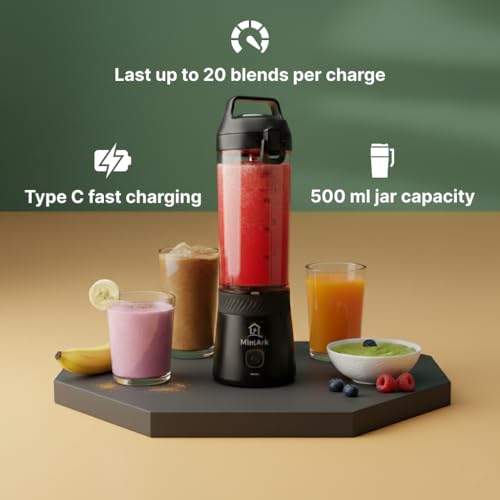 Image of MiniArk Rhythm Portable Blender, Personal blender for Gym, Office, Hostel & Travel, 20 days battery life, 500 ML, 20,000 RPM, BPA-Free & Leakproof, Protein Shake,Cold Coffee,Baby Food & Smoothie Maker