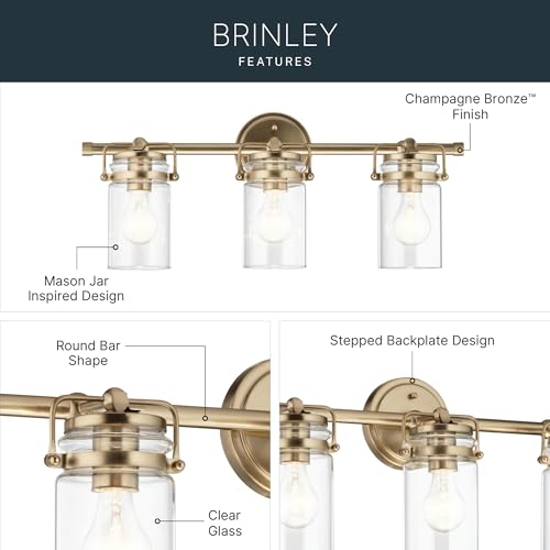 Image of Kichler Brinley 24 inch 3-Light Bathroom Vanity Light Fixture with Clear Glass in Champagne Bronze, Modern Farmhouse Mason Jar Style for Mirror Lighting (24 inch W x 10.25 inch H), 45689CPZ