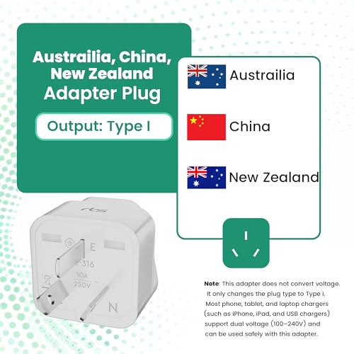 Image of rts (2 Pack) India to Australia AU China New Zealand Argentina Fiji Travel Adapter Plug Converter Type I Tablet Travel Essentials for Travel for Smartphones, Phones, Laptops, Camera Chargers Tablet