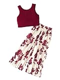 TAGAS Polyester GIRLS Solid Tank Top & Floral Print Wide Leg Pants || Coordinated_Outift For Girls || Girls Cloth Set, 9 Years-10 Years, Red