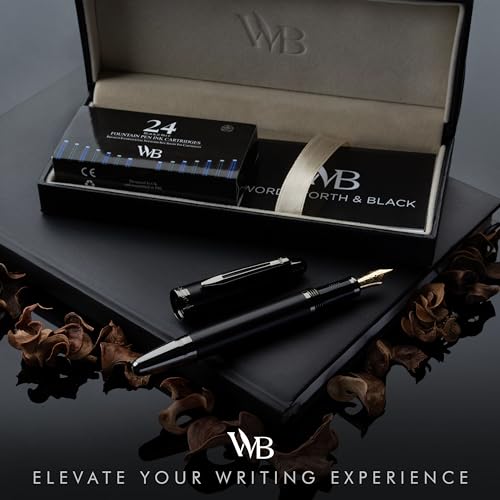 Image of Wordsworth & Black Majesti Luxury Fountain Pen Set for Writing, Medium Nib | Black, Gift for Men Women, Gold Finish, 18K German Iridium, Calligraphy, Converter + 24 Ink Cartridges, Refillable