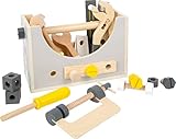 Small Foot Werkzeugkasten 2 in 1 Miniwob, Rollenspielzeug für Kinder, mit Werkzeugen aus Holz, ab 3 Jahren, 11809, Grau Gelb