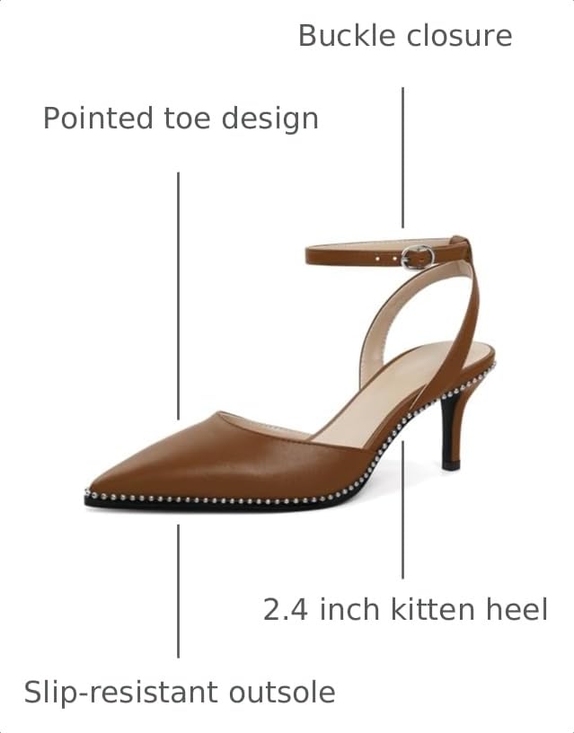 Image of SAMMITOP Kitten Heels for Women Low Heel Closed Toe Ankle Strap Pumps Wedding Party Beaded Dress Shoes 2.4 Inch