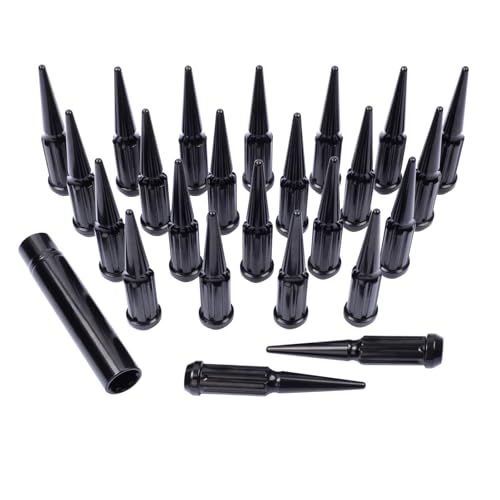Image of 24PC M14X1.5 Thread Lug NutsSpike Spline -Black 14x1.5 4.4 inch Tall with 1 Socket Key Compatible with Chevy Silverado 1999-2023 2500hd 3500hd GMc Sierra Yukon Ford F250-350 Dodge Ram 2500 3500
