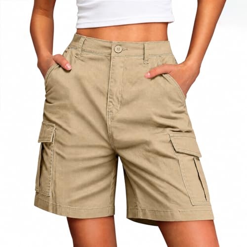 Image of NWDEY Cargo Shorts Women, Knee Length Shorts with 4 Pockets, Elastic Waist, Loose Fit Summer Casual Cargo Shorts for Women (UK, Alpha, M, Regular, Regular, Khaki)