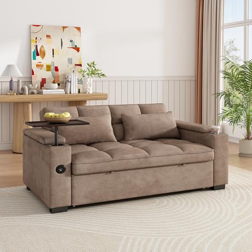 Image of Dreamzie 65'' 3 in 1 Convertible Sleeper Sofa Bed, Chenille Pull Out Couch for Living Room with 90 Swivel Side Table, Loveseat Sleeper with Charging Port | Side Pocket | Cup Holders, Khaki