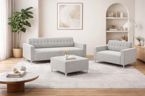 Image of SOCOZI Antonia 5 Seater Sofa Set with Ottoman | Soft Velvet Suede Fabric | Modern Design | Plush Comfort Cushions for Living Room (Light Grey)