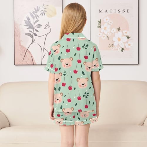 ALAZA Bear Cherry Leaf Satin Pajamas Set Short Sleeve Button Down Sleepwear Summer Pjs 2 Piece4