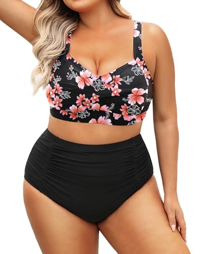 Daci Women's Plus Size Bikini Sets - High Waisted Two-Piece Swimsuits with Tummy Control Flower on Black L