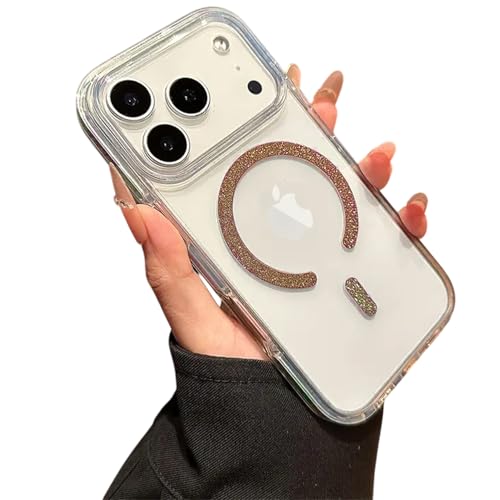Image of VONZEE Glitter Ring Case Compatible with iPhone 17 Pro Max (6.9 inch), MagSafe Compatible Transparent PC+TPU Back Cover, Cute Shiny Bling Design, Shockproof Protective Phone Case for Women & Girls, Gold