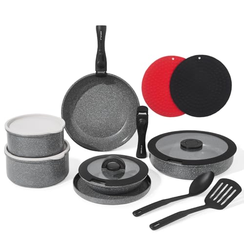 ESEVOLO - Batería de cocina (16 piezas, inducción, juego de sartenes y sartenes con asas extraíbles, apilable, revestimiento antiadherente de cerámica sin PFAS, con crepiere y saltadora, color gris