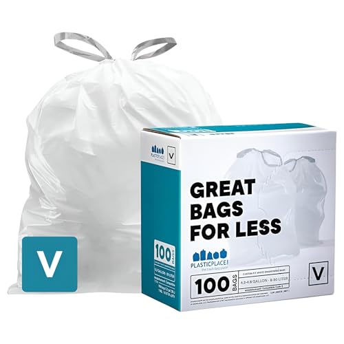 Plasticplace Custom Fit Trash Bags Compatible with simplehuman Code V (100 Count) White Drawstring Garbage Liners 4.2-4.8 Gallon/ 16-18 Liter 14.5 x 27.5