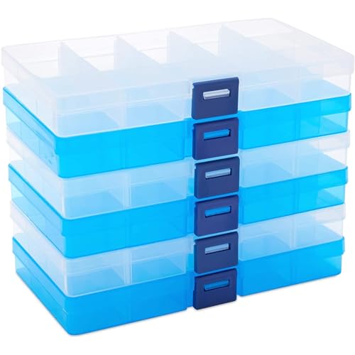 Image of Bright Creations Jewelry Organizer Box - Plastic Grid Compartment Box with Customizable Dividers & Label Stickers - Bead Storage & Craft Storage Organizer - 6-Pack, Clear & Blue, 7 x 4 x 1 in