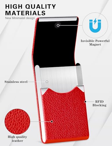 Image of Padike Leather Business Card Holder for Women Leather Stainless Steel Business Card Case with Magnetic Shut (Red)