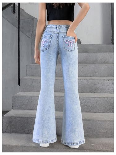 Floerns Girl's Cute Bowknot Embroidery Jeans Kids Flare Leg Denim Pants2