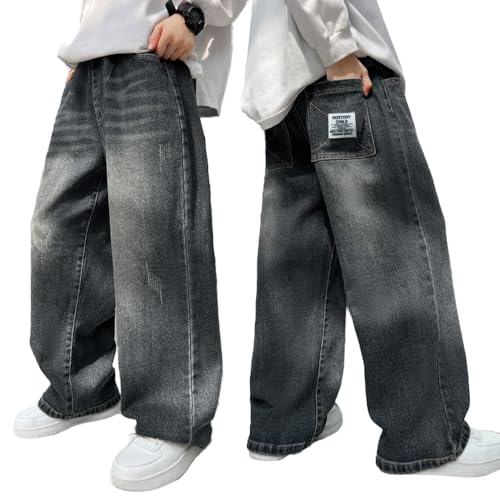 Tween Boys Black Baggy Jeans Elastic Waistband Straight Leg Denim Pants with Alphabet Embroidery Seal