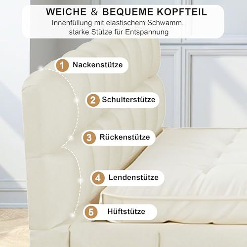 DULRLLY Bubble Bett Polsterbett 140x200 cm,Doppelbett mit Lattenrost, Jugendbett mit Gepolstertes Kopfteil, Gepolstertes Bett für Schlafzimmer und Gästezimmer,ohne Matratze, Leinenstoff (Beige) – Bild 7