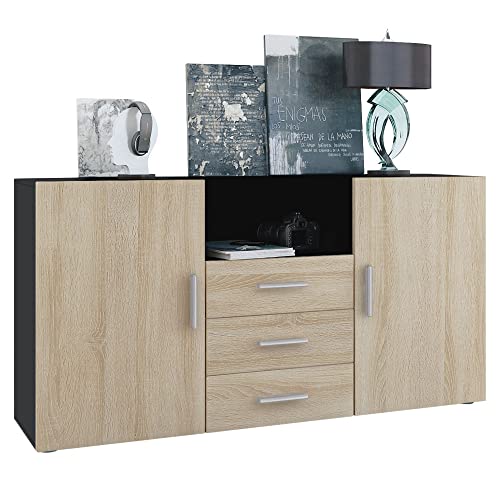 Vladon Buffet Skadu, Commode avec 2 Portes, 3 tiroirs et 1 Compartiment Ouvert, Noir Mat/Chêne Brut (139 x 72 x 35 cm)