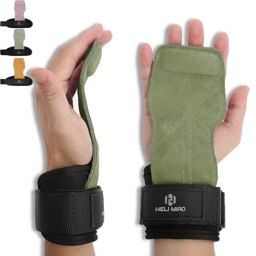 HELI MIAO Power Zughilfen Krafttraining, Fast Grip Leder Zughilfe-Handgelenksbandage für Bodybuilding, Fitness, Crossfit, Krafttraining, Powerlifting - Lifting Straps für Frauen und Männer, grasgrün