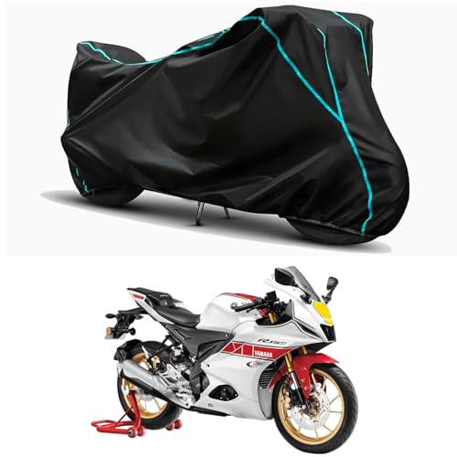 Image of Waterproof Bike Body Cover Compatible for | Yamaha R15 V4 | Taffeta Fabric, Sky Piping Design, Bottom Elastic Fit | Dustproof, Sun UV & Rain Protection for All Weather.