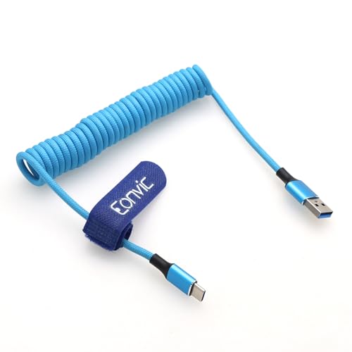 Eonvic USB A auf USB C 45W Schnellladekabel CarPlay Kabel Datenübertragung Geflochtenes Spiralkabel für iPhone 15/16 Pro Max Galaxy S24/S23/S22 Laptops Kamera (Blau, Spiralkabel, 40 cm)
