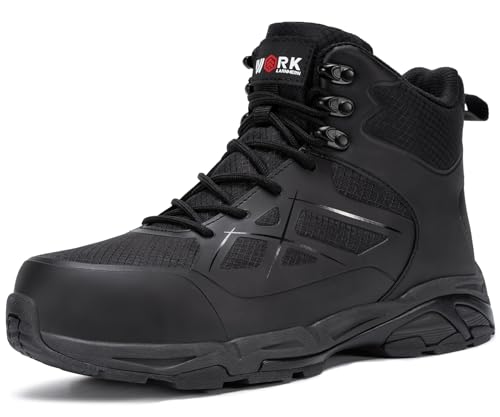 LARNMERN Steel Toe Work Boots for Men, Slip On Safety Non Slip Shoes Side Zipper Hiking Outdoor Military Tactical