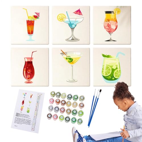 Gitekain Cocktail Paint by Numbers, Easy Painting Kit, Hand-Painted Oil Art Set, 6 piezas con pinceles y pinturas acrílicas, 5,91 x 5,91 in, ideal para decoración de la pared en casa