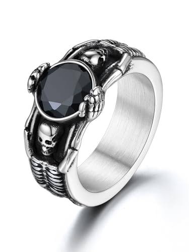 U7 Stainless Steel Skull Ring Size 7 for Men, Silver Black Gothic Skeleton Band Ring Statement Signet Ring with Black Onyx Stone, Fashion Jewelry Gift for Dad Husband, Size 9