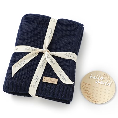 Image of Baby Blanket - 100% Cotton Knit Blanket - Receiving Swaddle Blanket - Cotton Warm Cozy Unisex Cuddle Stroller Swaddling Crib Blanket for Newborns, Infants Toddler, Spanish Blanket (Navy Blue)