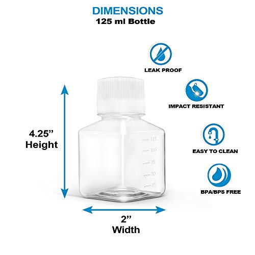 125 ml Plastic Reagent Bottle 6-Pack Laboratory Chemical Storage - Clear Graduated Square Polycarbonate Plastic Leakproof Bottles - Thumbnail 6