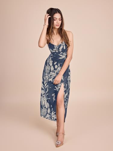 Image of Women Pure Cotton Printed A-Line Dress | Floral Summer Midi Dress | Casual Office Wear Lightweight Dress for Women (D207)