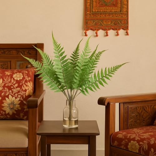 Image of SATYAM KRAFT Polyvinyl Chloride 1 Pcs Artificial Flower Fern Bunch Leaves,Faux Green Plant for Home,Balcony,Office,Bedroom,Living Room,Table,Wedding Decorations,(Without Vase)(Pack of 1)(Green)