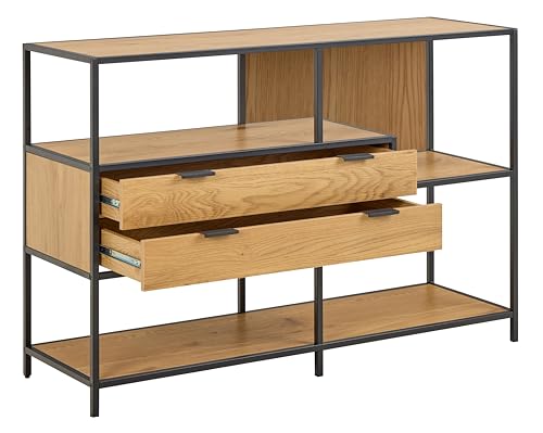 Estantería con estructura de acero negro mate y 2 cajones Jörn de roble 7