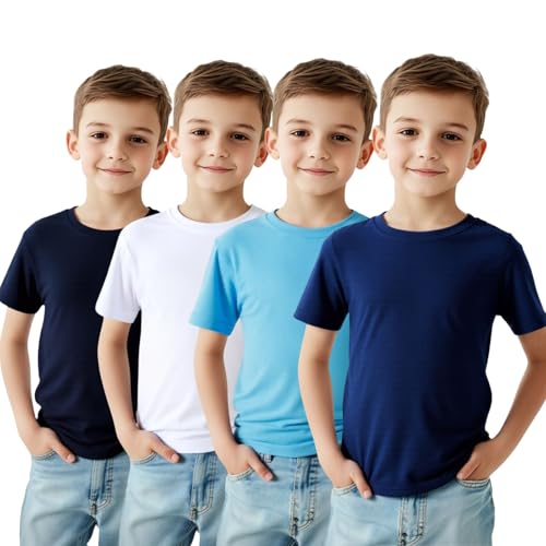 Image of HILEELANG Kids Boy Basic Plain Cotton T-Shirts Short Sleeve Crew Neck Summer Tees 4packs 6-12 Years