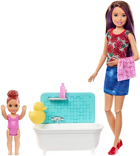 Barbie Famille Coffret Heure du Bain poupée Skipper Baby-Sitter aux Cheveux châtains et Figurine d'enfant, Accessoires Inclus, Jouet pour Enfant, FXH05