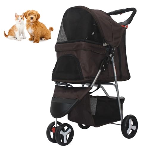 RUYICZB Travel Folding Carrier Stroller,Cat Dog Cage Stroller with Breathable and Visible Mesh,Lightweight Pet Stroller for Small Dogs and Cats,Brown -  BROWN-66229209