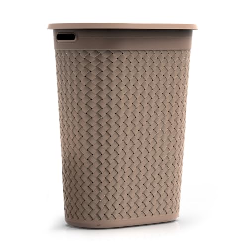 Image of KOLORR Stitch Laundry Basket 55L Woven Design Plastic Laundry Basket with Lid - Durable Organizer for Clothes, Towels, Laundry & Home Storage Pack of 1 With Lids - Light Brown