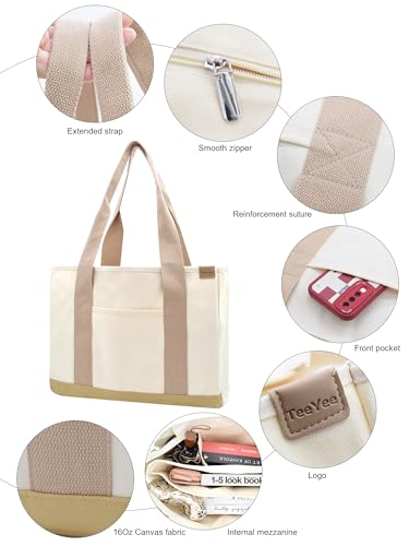 Image of TeeYee 16oz Canvas Tote Bag Casual Multi pockets Handbags Large Capacity Shopping Shoulder Bag with Pocket Bags Work Purses