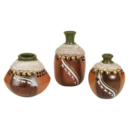 Image of Aakriti Art Creations Coco-F Jute Embellished Earthen Vases in Warli Art Set of 3 | Handcrafted Terracotta Flower Vases in Brown | Matte Finish Decorative Vases for Living Room, Table & Floor Decor
