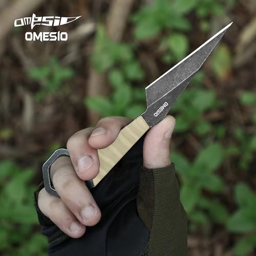 Image of Omesio Fixed Blade Knife with Sheath, 6.38 inch Full Tang Neck Knife for Men, Compact EDC Tactical Knife for Outdoor Camping, Survival, Hiking (Khaki)