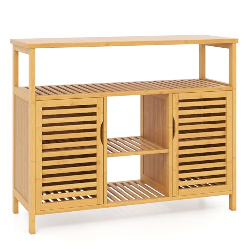 GIANTEX Badezimmerschrank Bambus, Beistellschrank mit Doppellamellentüren...