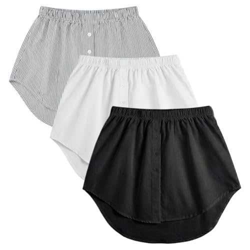 3 Pcs Blusenverlängerung Damen Schwarz + Weiß + Blau Gestreift Hemdverlängerung XL Blusenrock Verlängerung Elastischer Bund Layering Top Minirock Shirt Extender Unterrock für Leggings Pullover