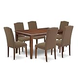 East West Furniture DUEN7-MAH-18 7 Piece Dining Table Set Consist of a Rectangle Dining Room Table and 6 Dark Coffee Linen Fabric Upholstered Parson Chairs, 36x60 Inch, Mahogany